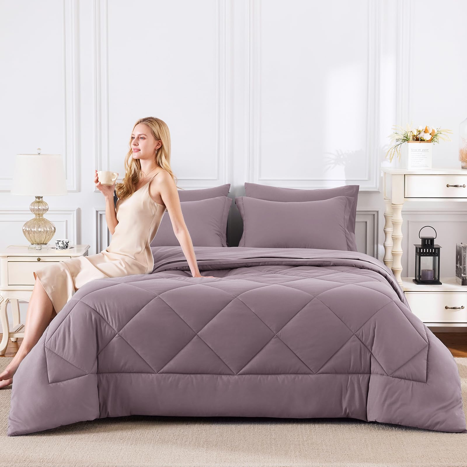 CozyLux dusty purple pillow shams completing the coordinated look