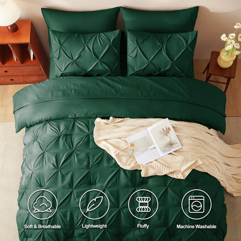 Close-up of pintuck texture on CozyLux emerald green bedding.