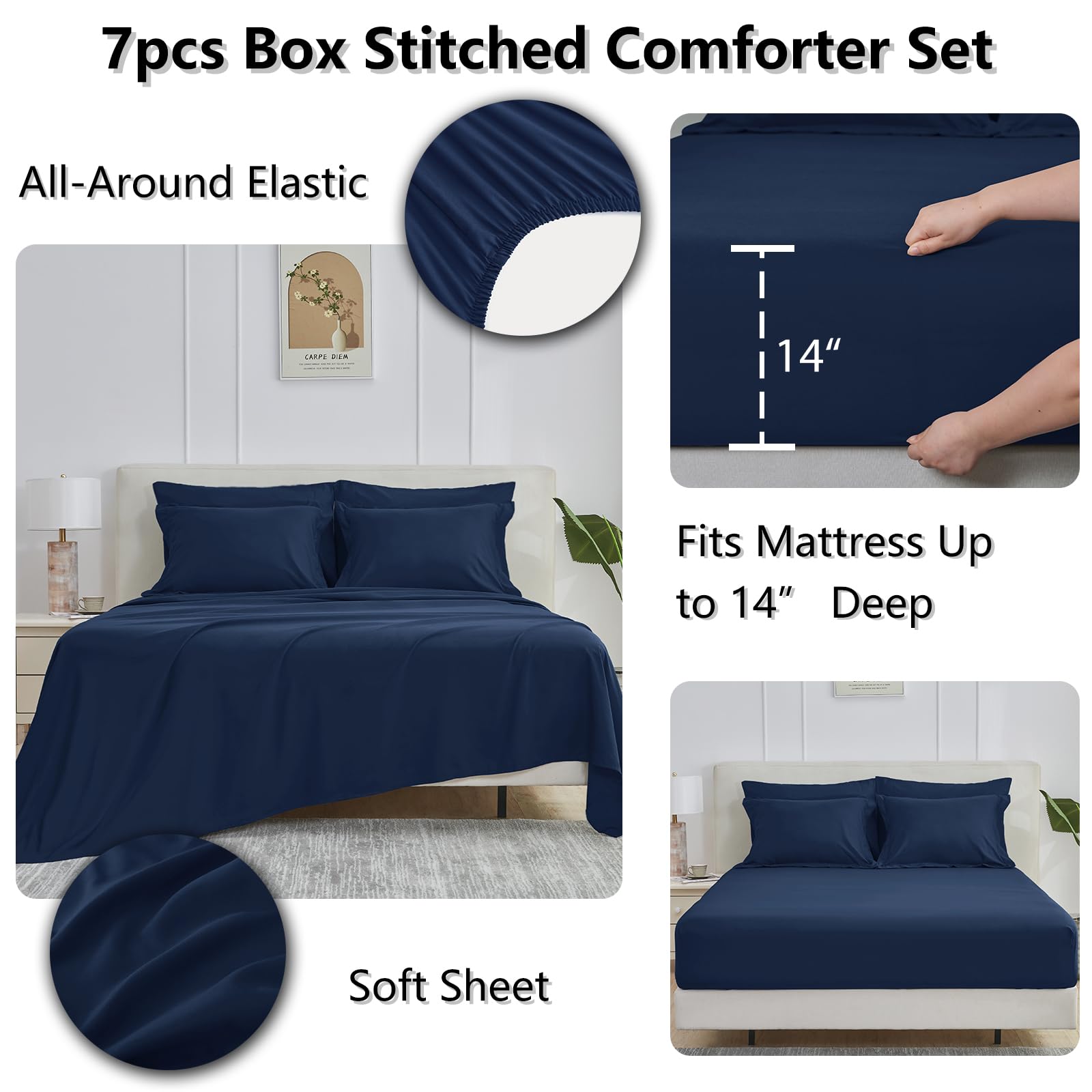 CozyLux fitted sheet with 14-inch pocket depth on navy bedding