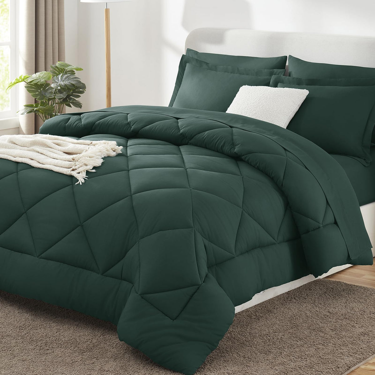 CozyLux forest-green king comforter, plush microfiber for breathable warmth.