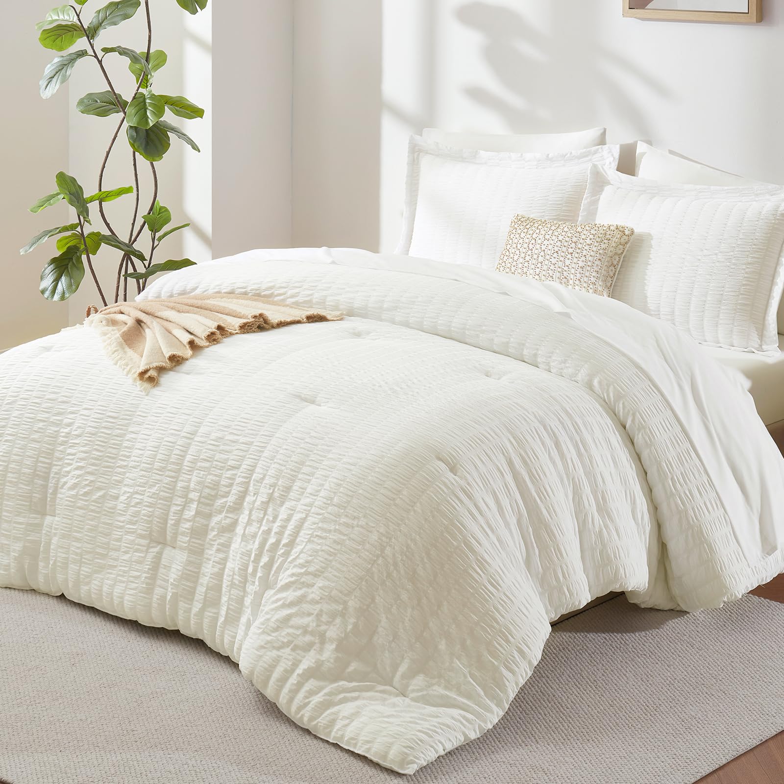 CozyLux full-size ivory seersucker comforter set with seven pieces for all-season warmth.