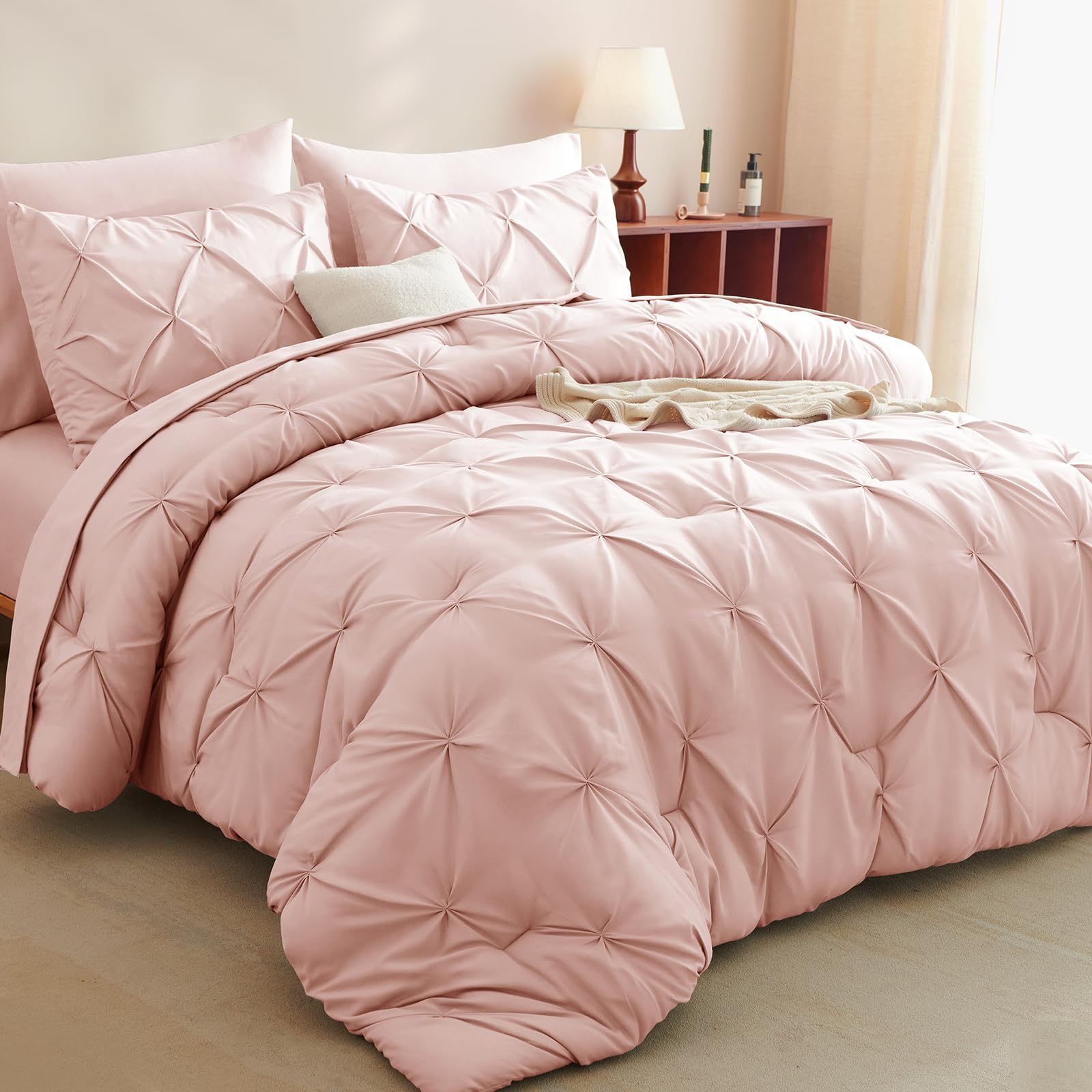 CozyLux full-size comforter set peach pink with pinch-pleat texture and breathable microfiber