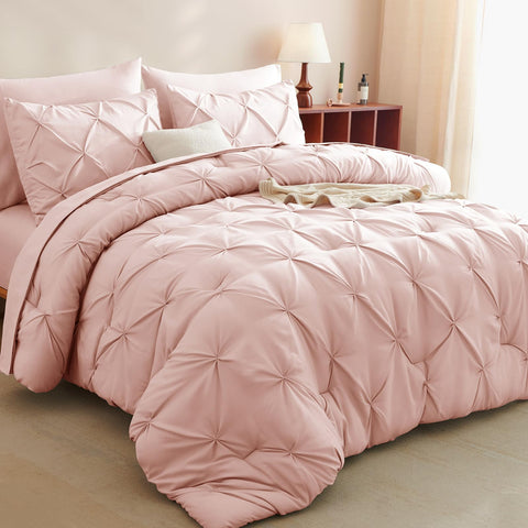 CozyLux full-size comforter set peach pink with pinch-pleat texture and breathable microfiber