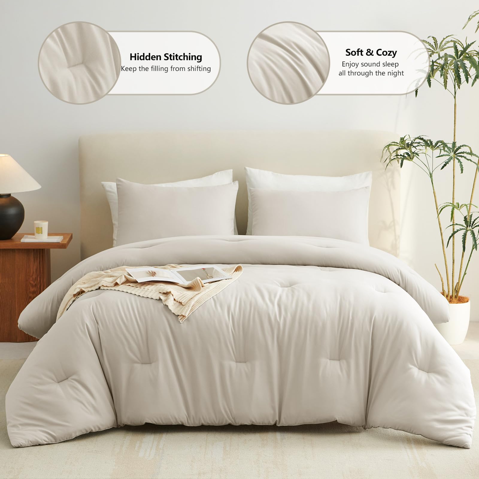 CozyLux beige king-size comforter detail stitching showing even distribution of fill