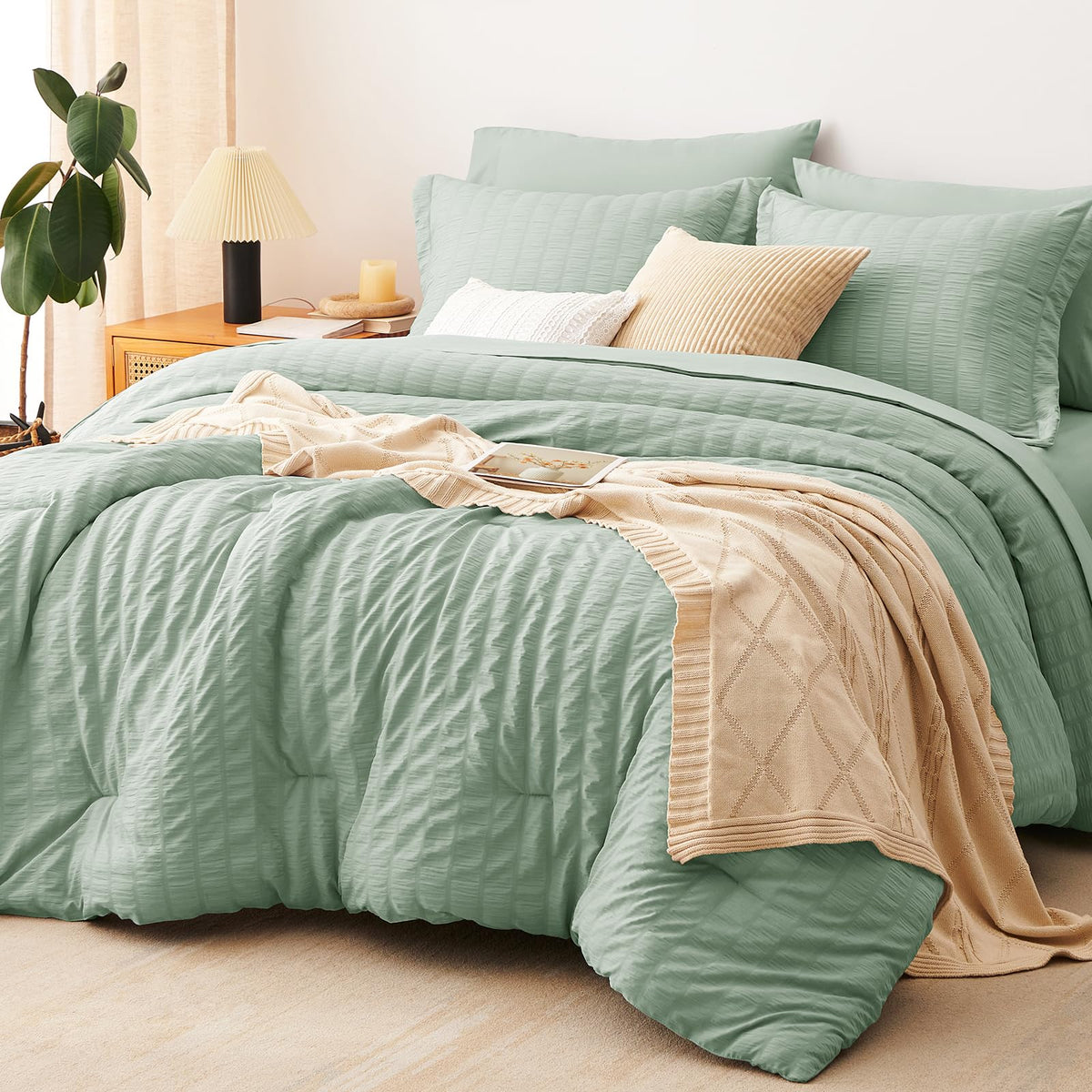 CozyLux king seersucker comforter set in sage green for all-season warmth and style.