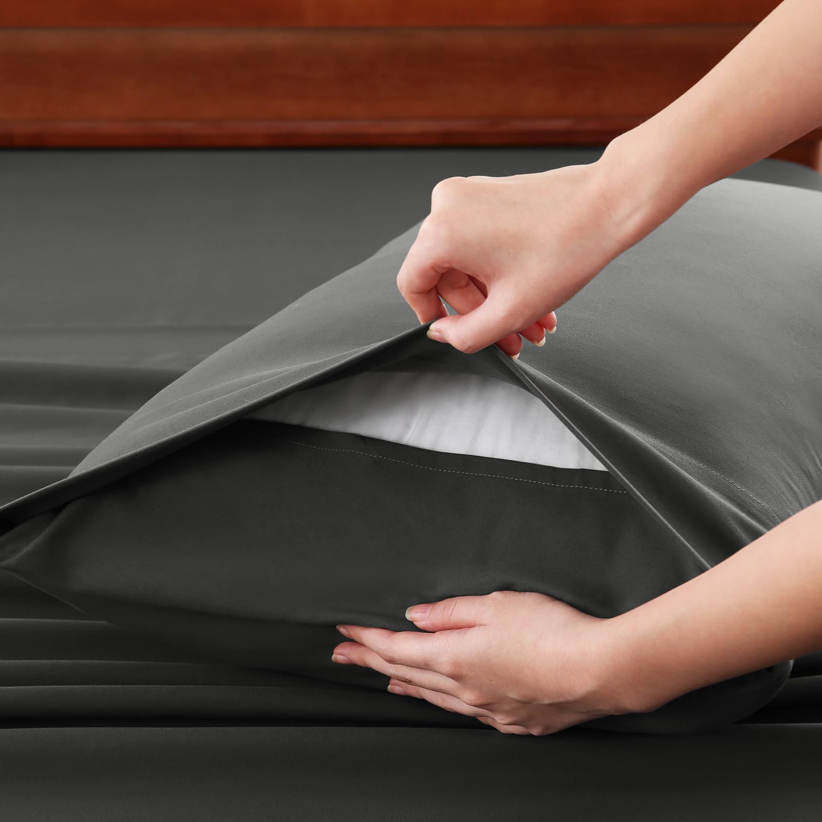 CozyLux king-sheet set spread on a bed demonstrates full coverage and neat corners.