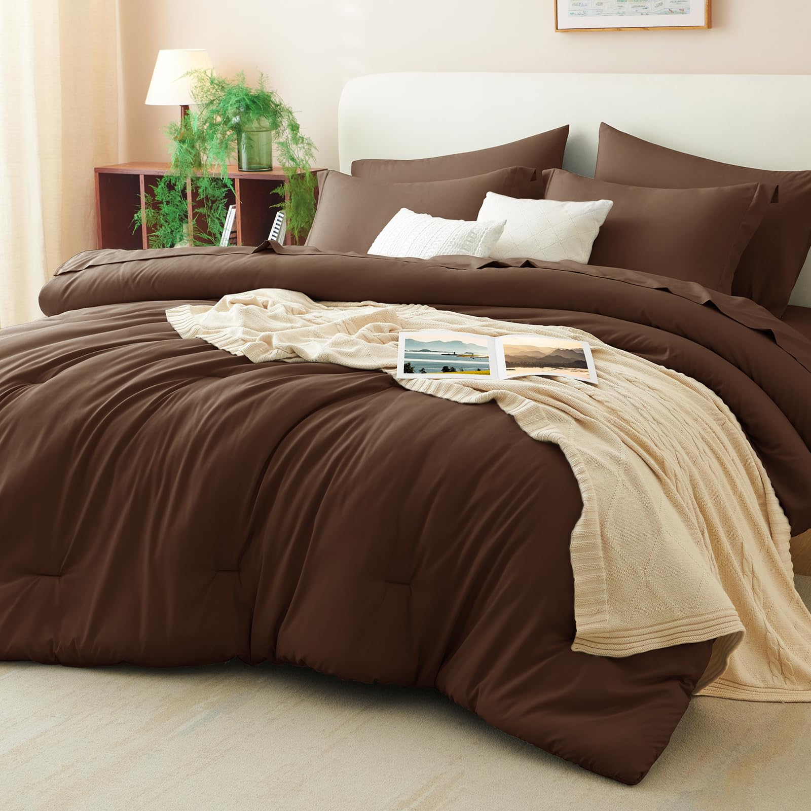 CozyLux king-size brown comforter set on a bed, plush and easy to care for.