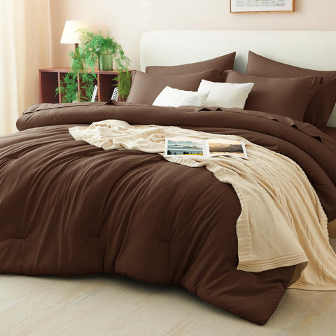 CozyLux king-size brown comforter set on a bed, plush and easy to care for.