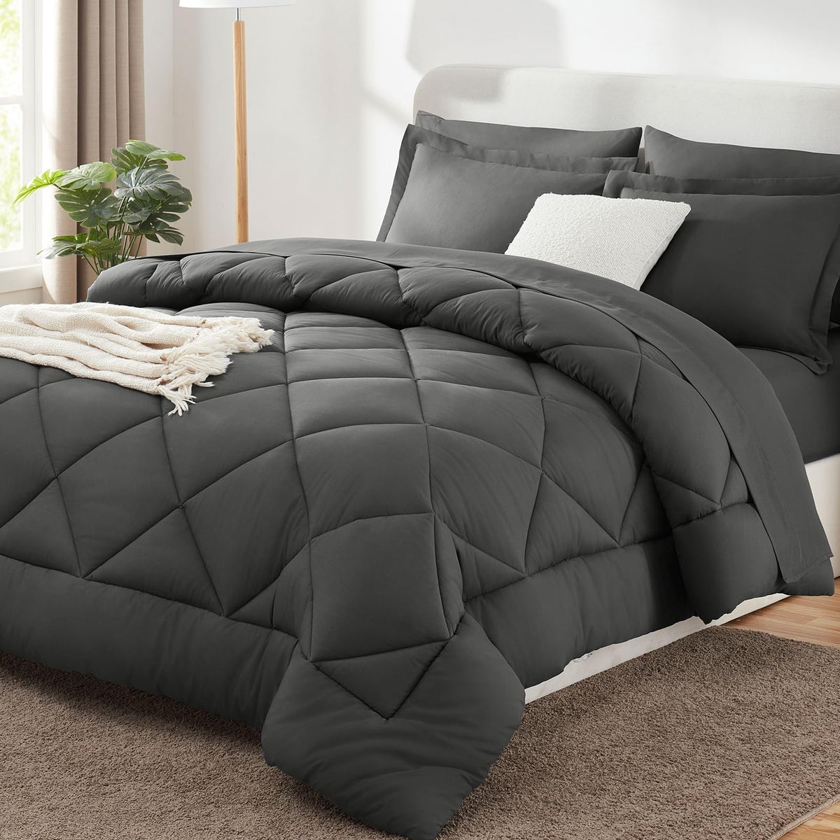 CozyLux king-size comforter set dark grey fabric close-up highlights soft microfiber