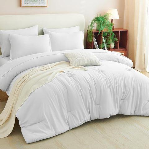 CozyLux king-size setup on a bed with full 7-piece ensemble.