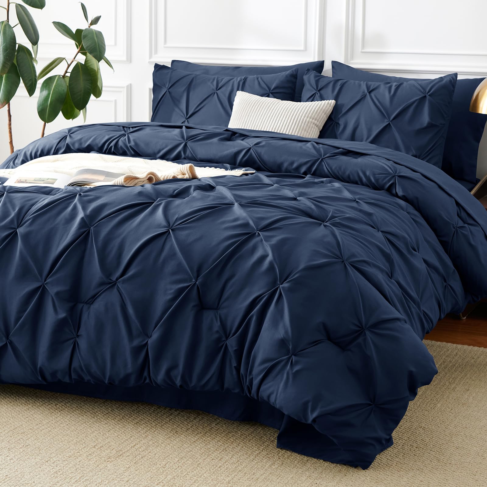 cozy lux king size navy blue pinch-pleat set offers sleek styling and all-season comfort