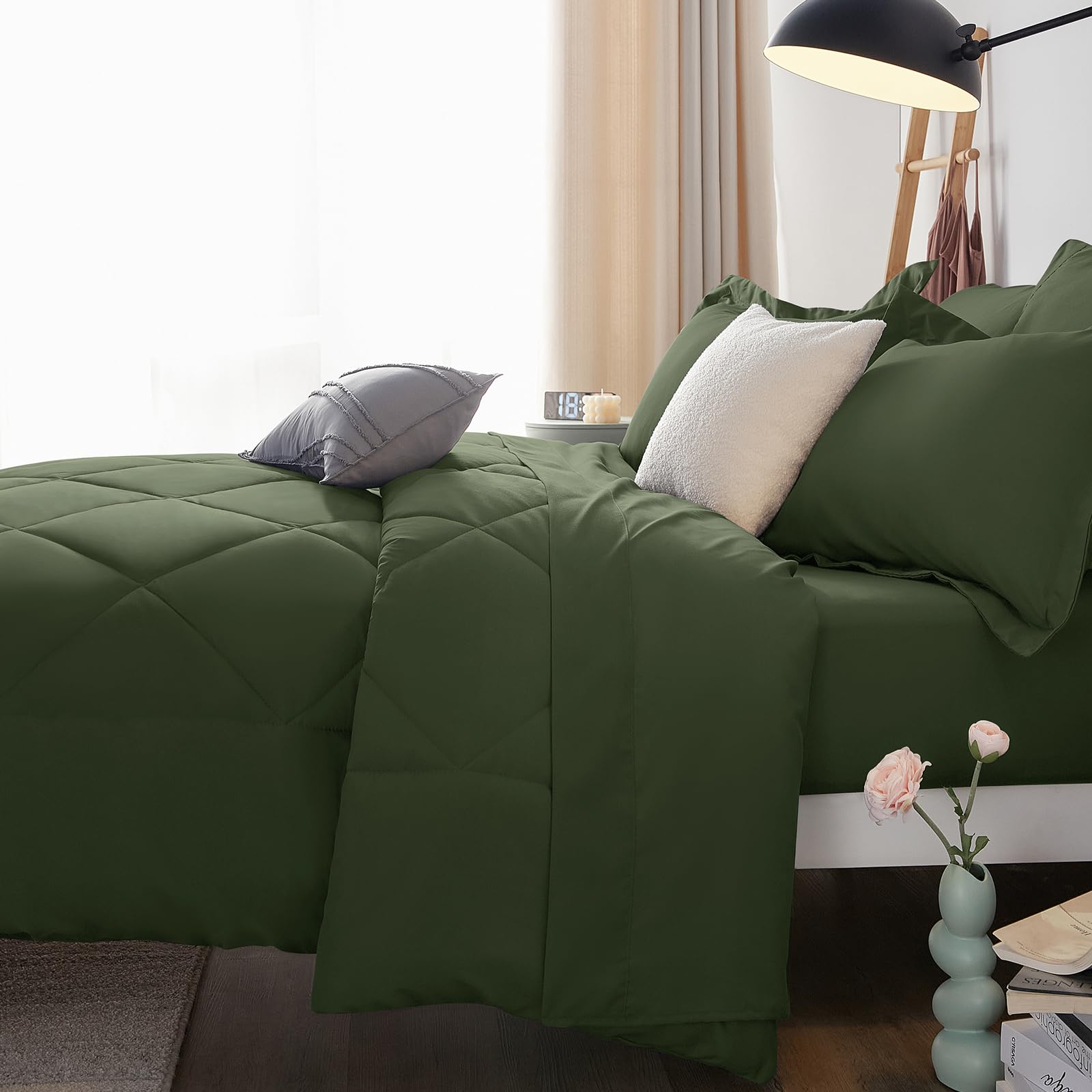 CozyLux olive green bedroom scene; calm and inviting bedding