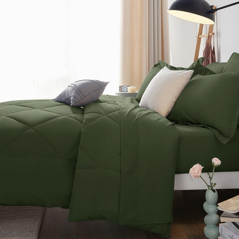 CozyLux olive green bedroom scene; calm and inviting bedding