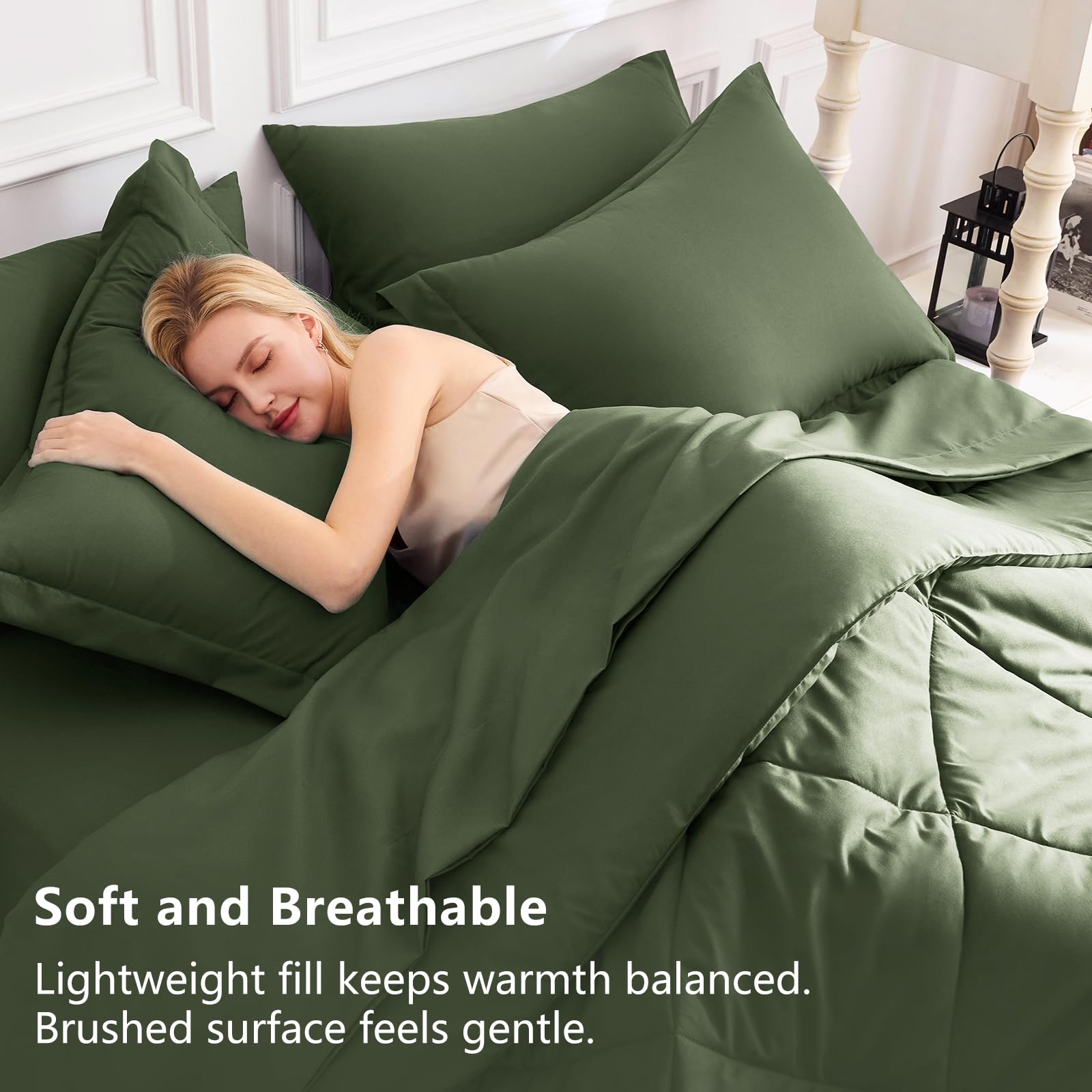 CozyLux king bed with olive green set; deep-pocket fit demonstrated