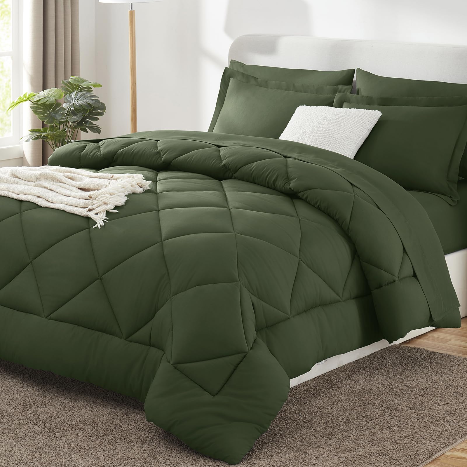 CozyLux king size olive green set packaging; easy unboxing and storage benefits