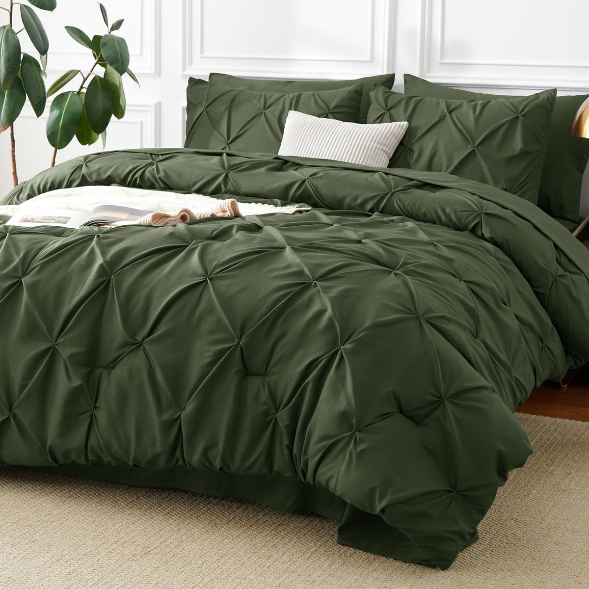CozyLux king size comforter set in olive green with pinch-pleat detail for a luxurious bedroom look.