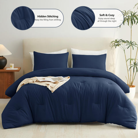 CozyLux navy blue comforter with four corner ties to prevent slipping.