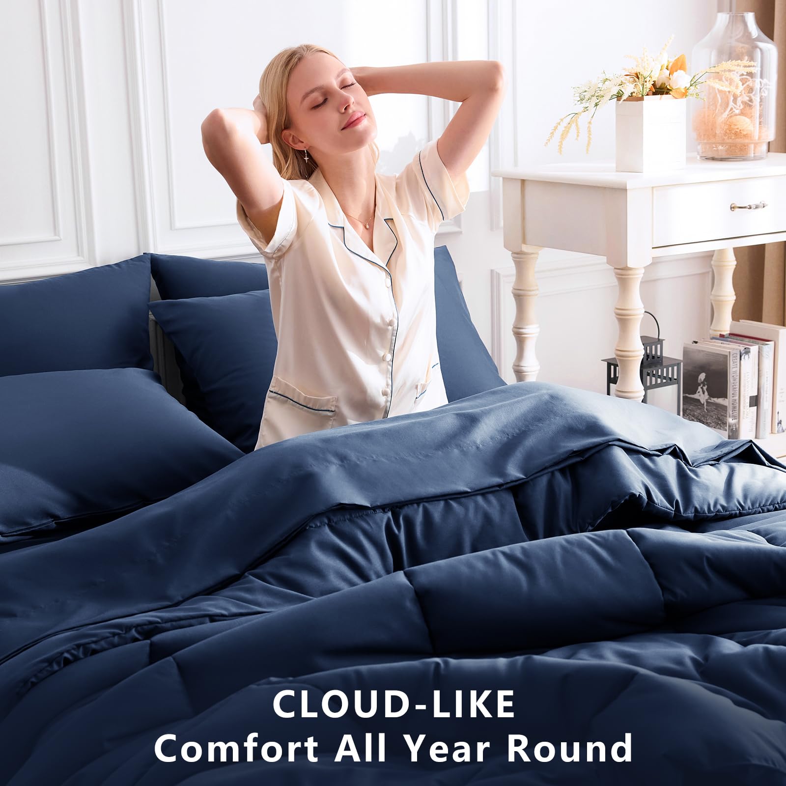 CozyLux navy fitted sheet with deep pocket for secure fit up to 14 inches.