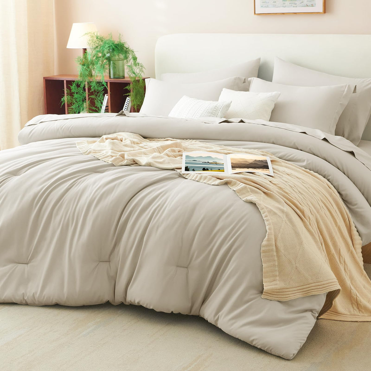 CozyLux oversized king comforter beige on bed showing all-season coziness