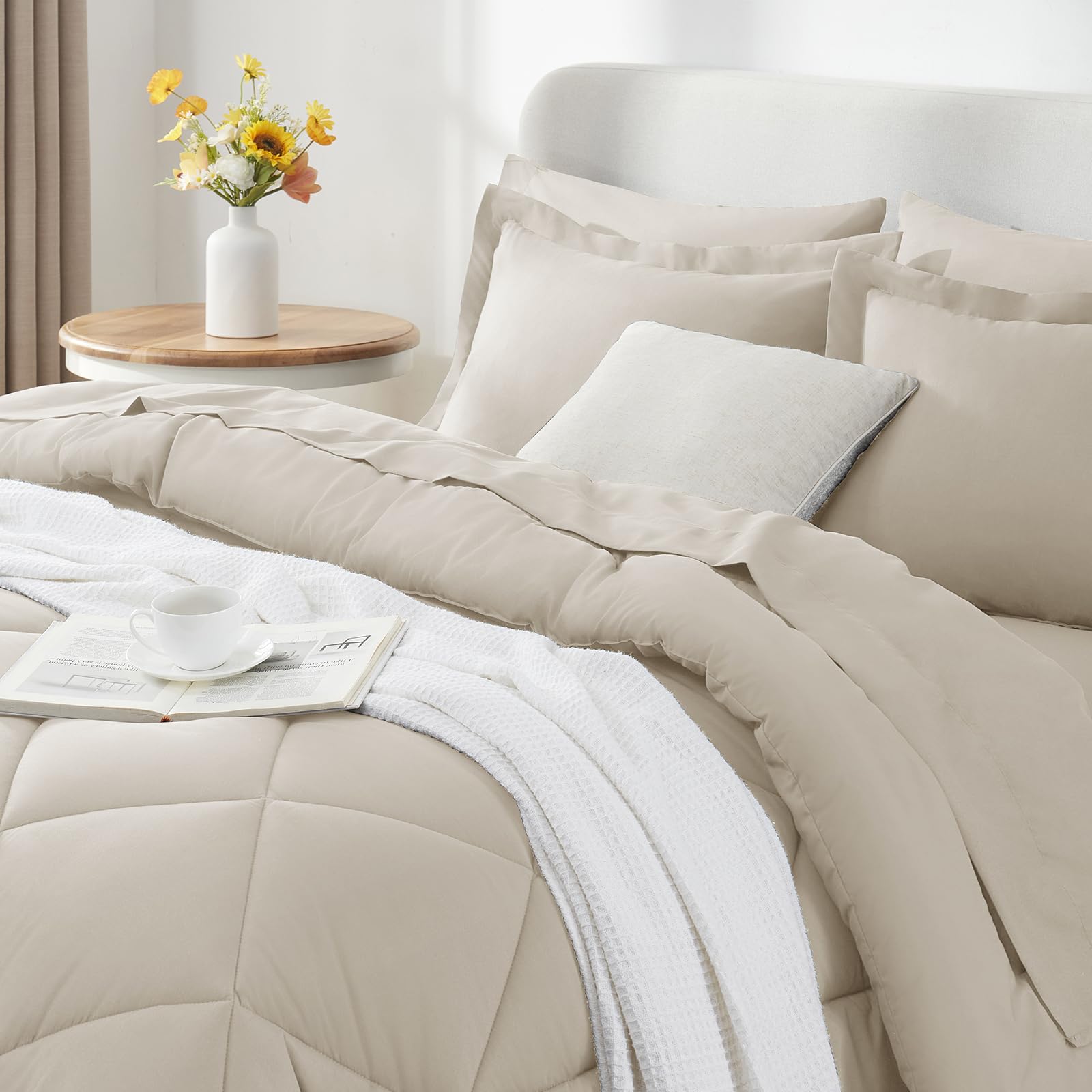 CozyLux beige fitted sheet with elastic deep pockets stays in place