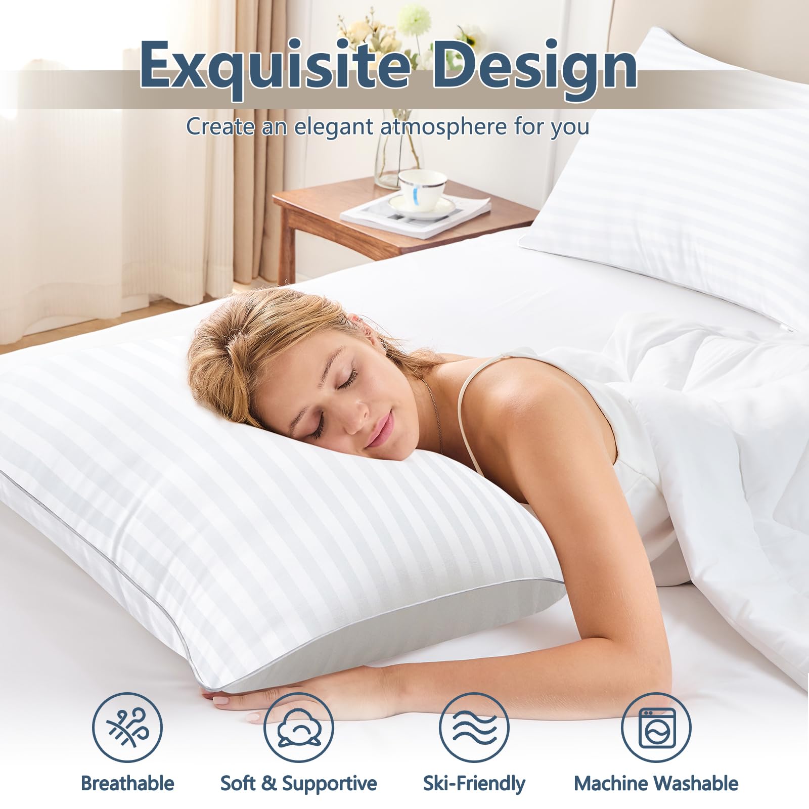 CozyLux pillow 4-pack stacked on bed demonstrates full height and plush loft.