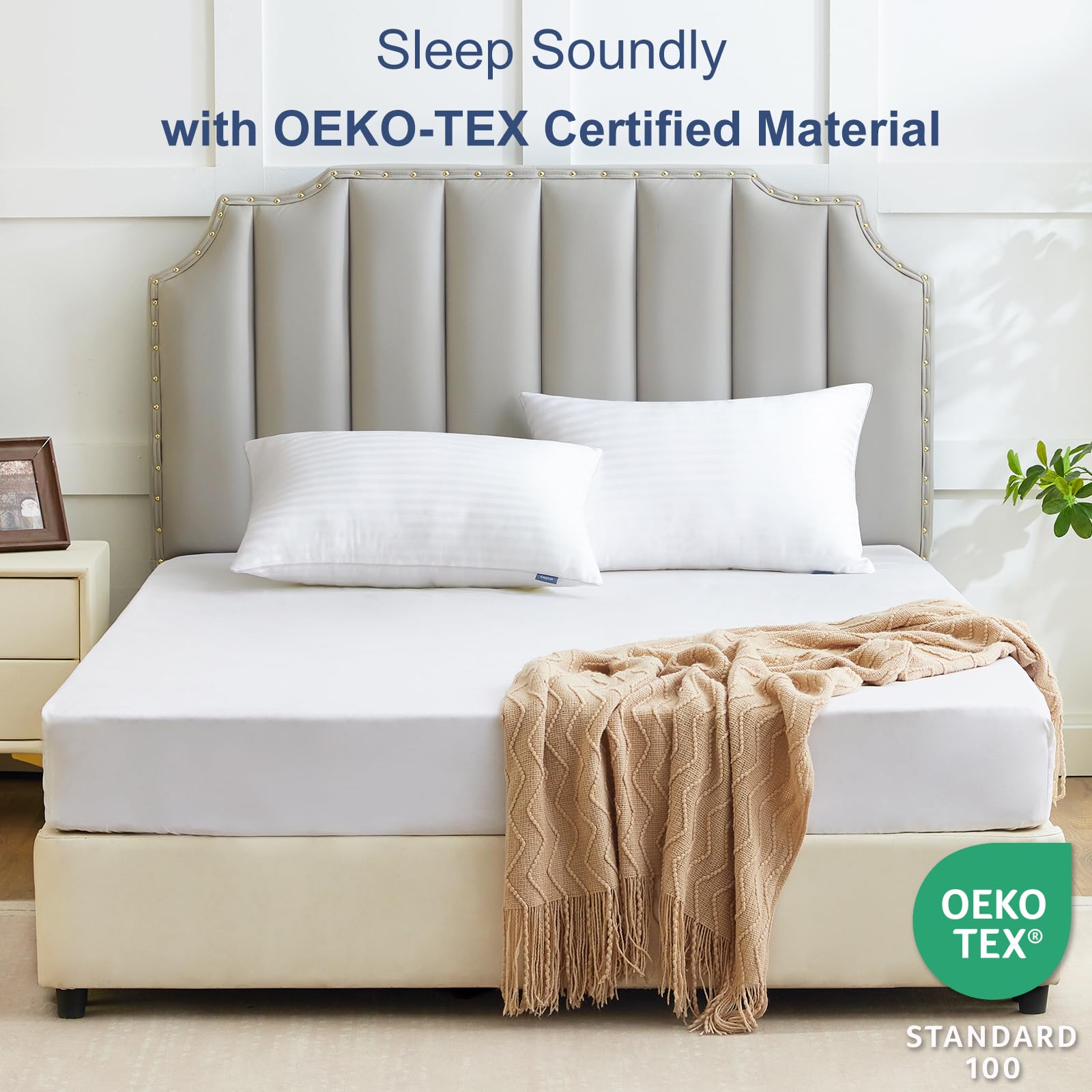 CozyLux pillow cover detail highlights breathable fabric for cool, all-night comfort.