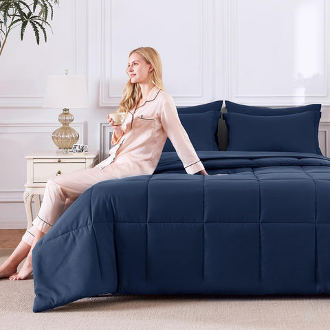 CozyLux navy pillow shams completing the bed ensemble