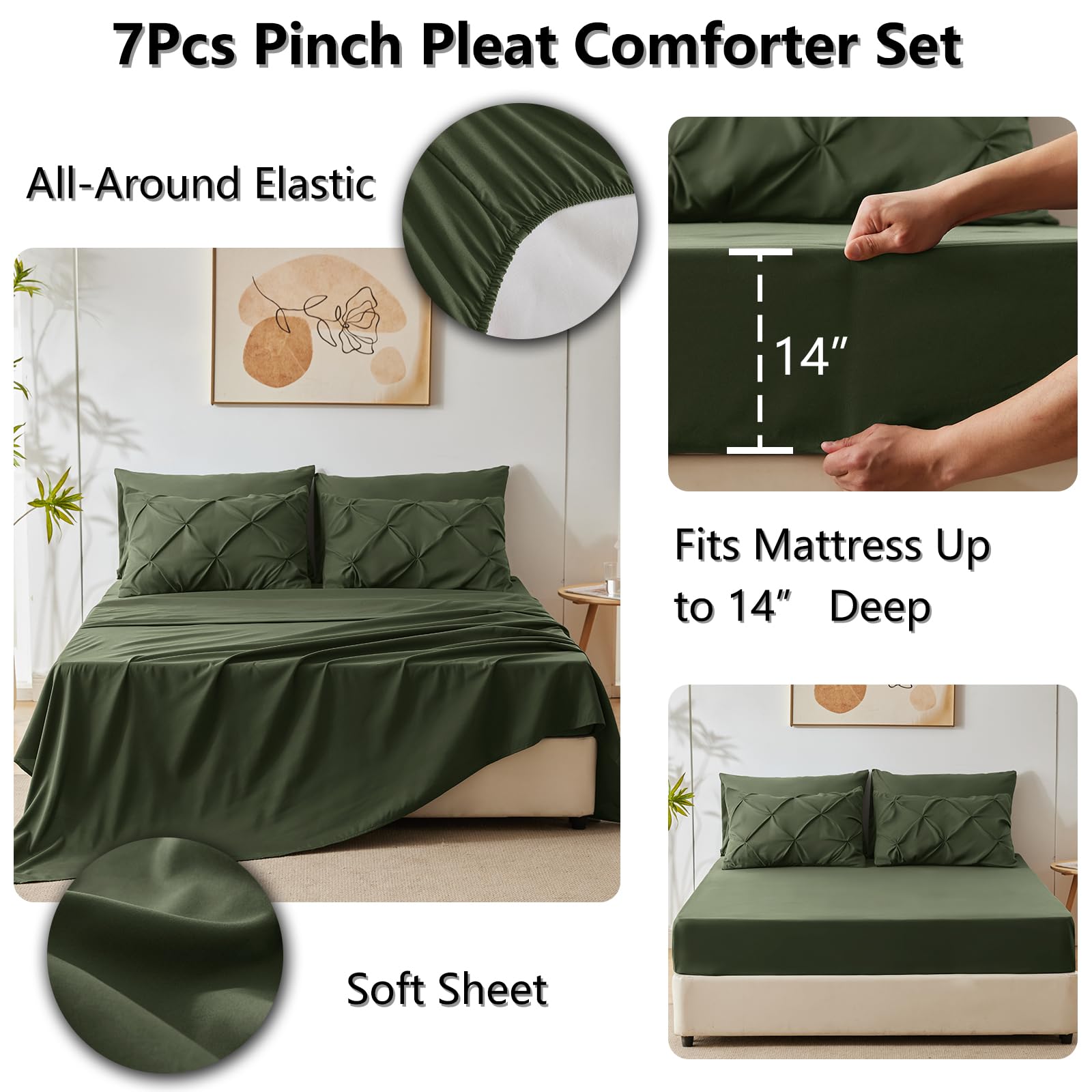 CozyLux olive-green pillowcases and shams create cohesive bedroom styling.