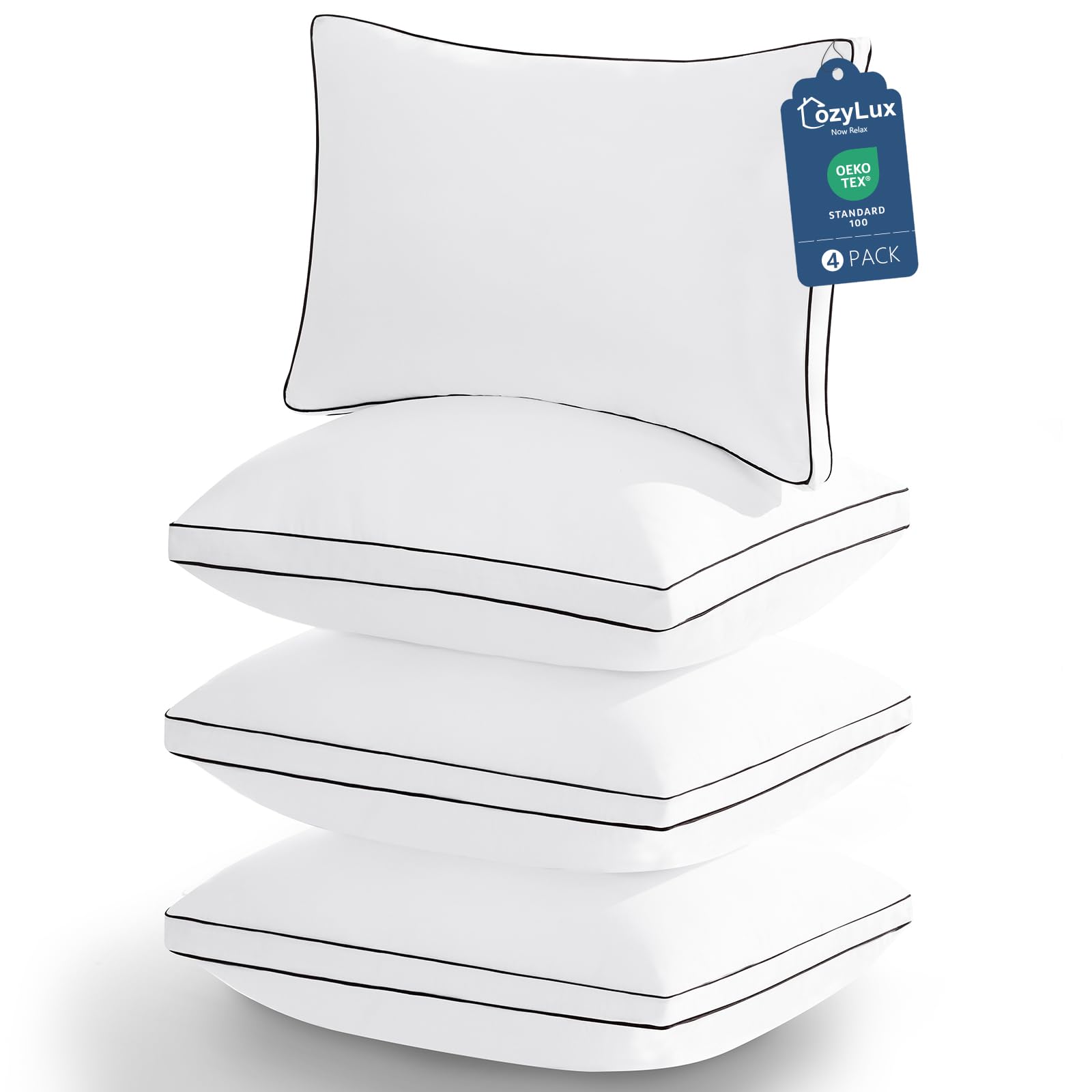 CozyLux Pillows 4-pack packaging highlights hotel-quality bedding for a fresh night's sleep.
