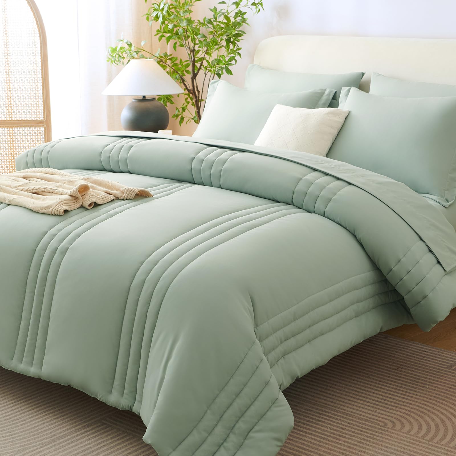 CozyLux queen 7-piece bed-in-a-bag in sage green showing all-season comfort.