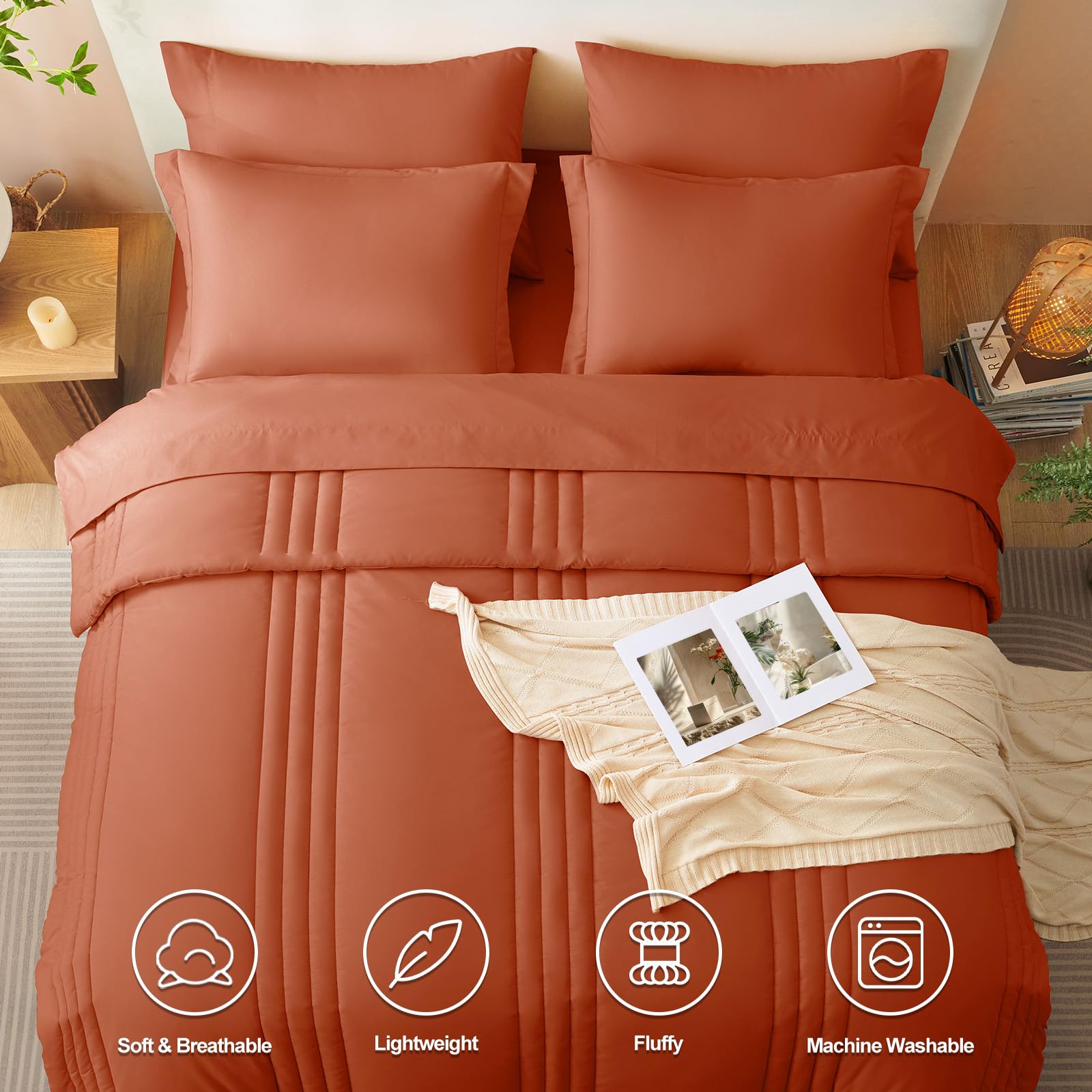 CozyLux queen bed-in-a-bag on bed with layered sheets and striped design.