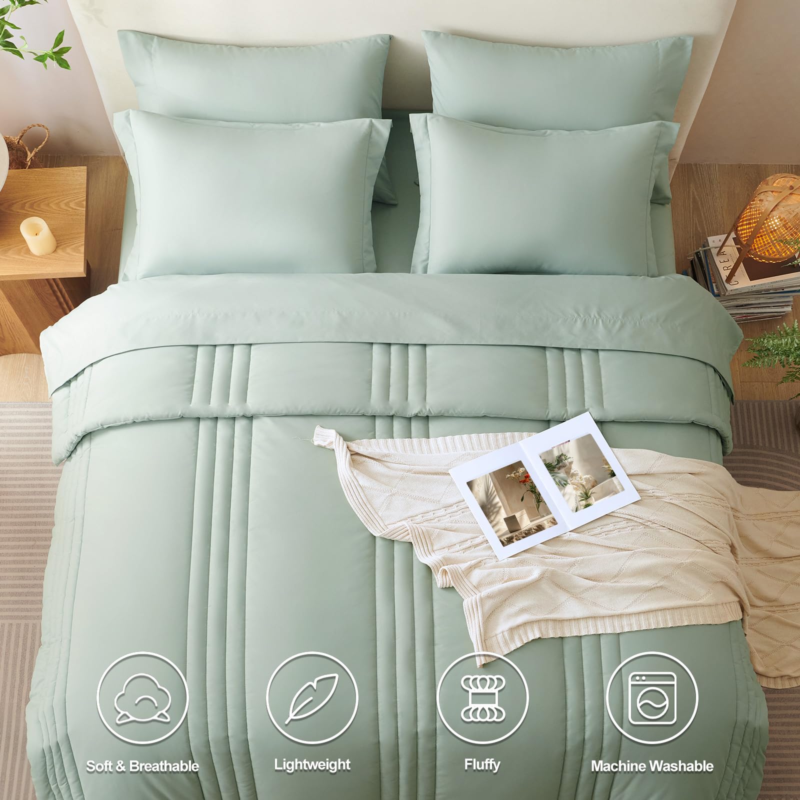 CozyLux queen comforter (88x88) in sage green with plush softness.