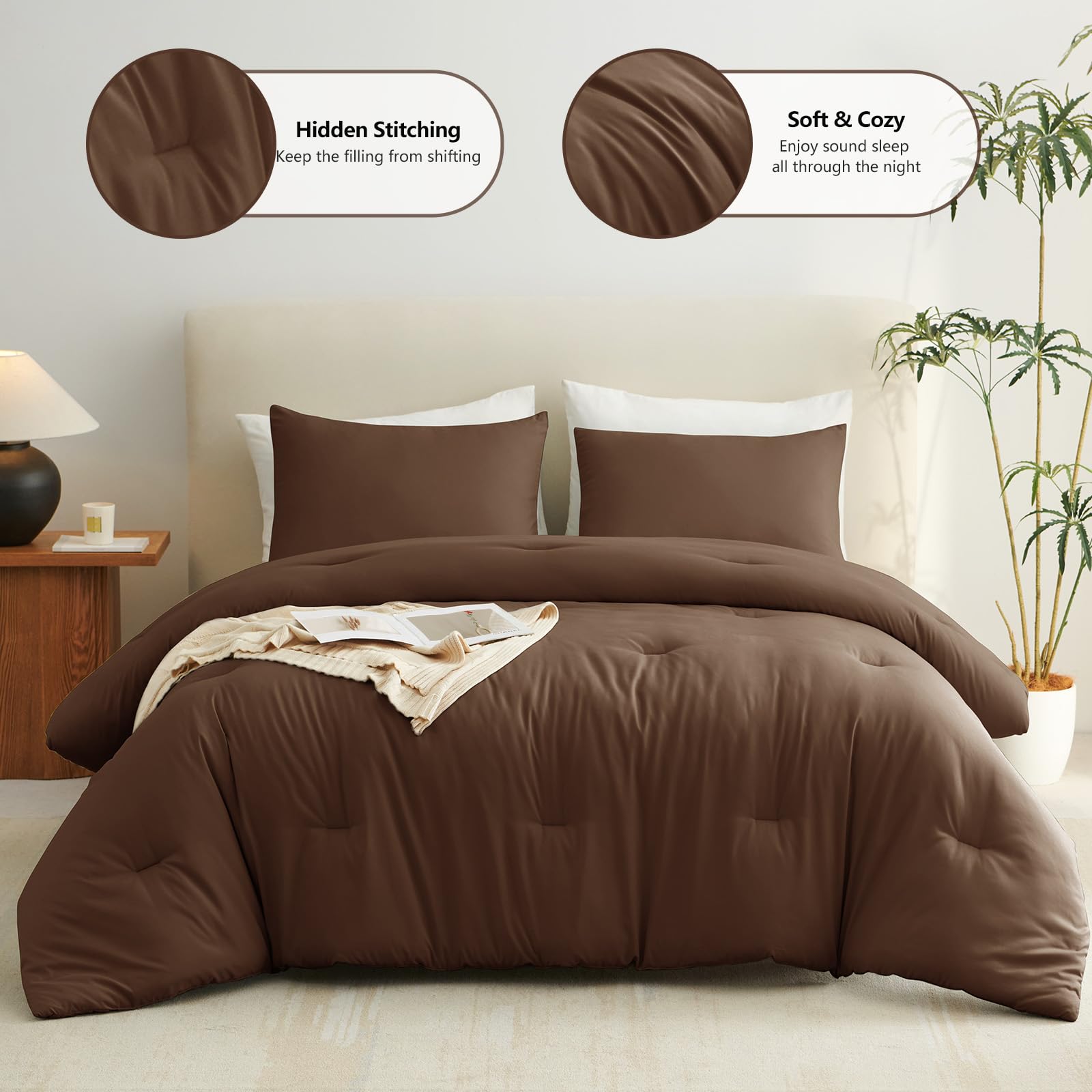 CozyLux queen comforter brown hidden stitching keeps filling in place