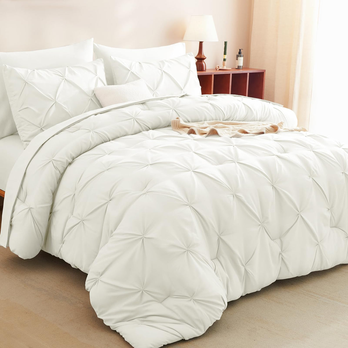CozyLux queen ivory pintuck comforter close-up shows soft microfiber texture for cozy nights