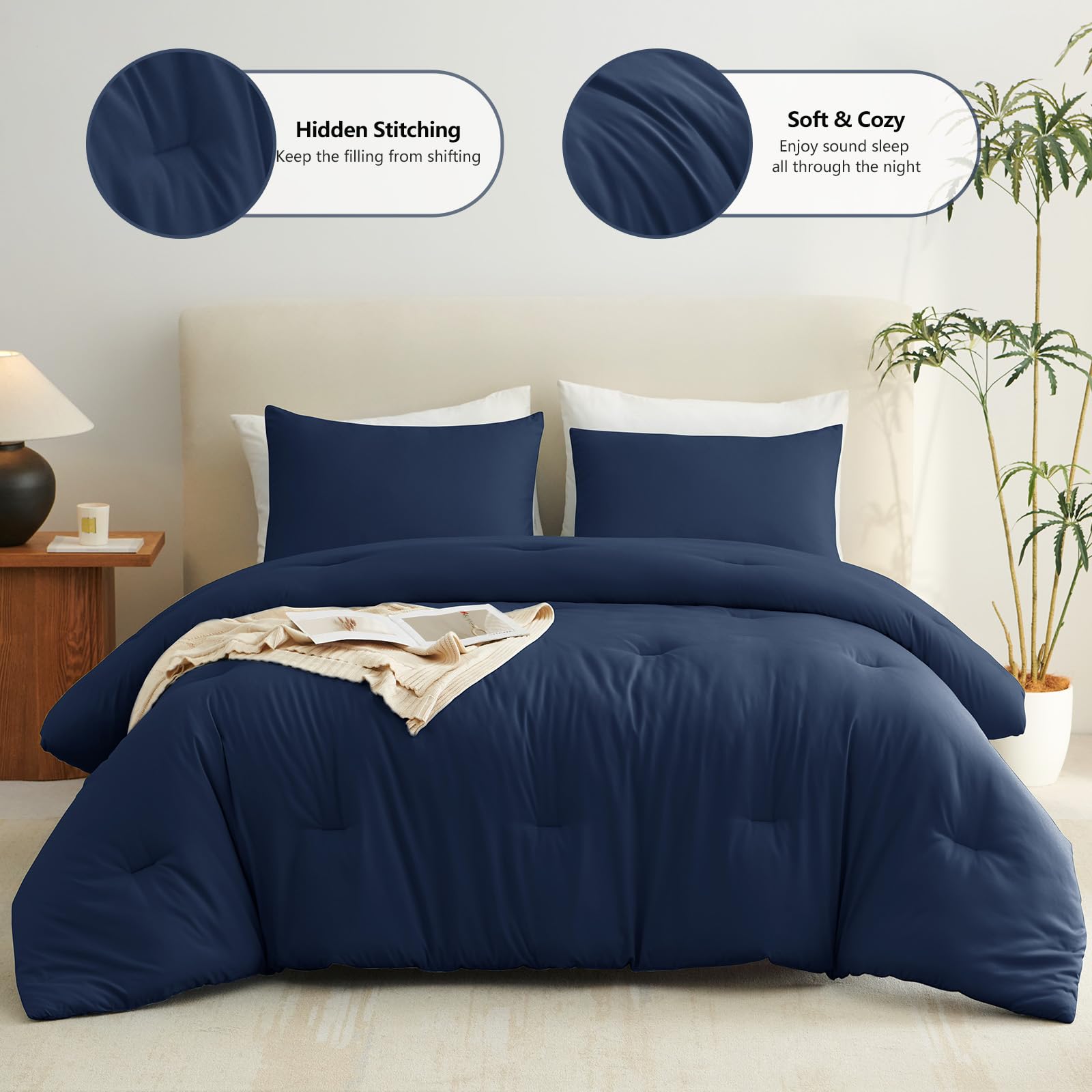 Close-up of CozyLux navy blue fabric showing plush microfiber softness