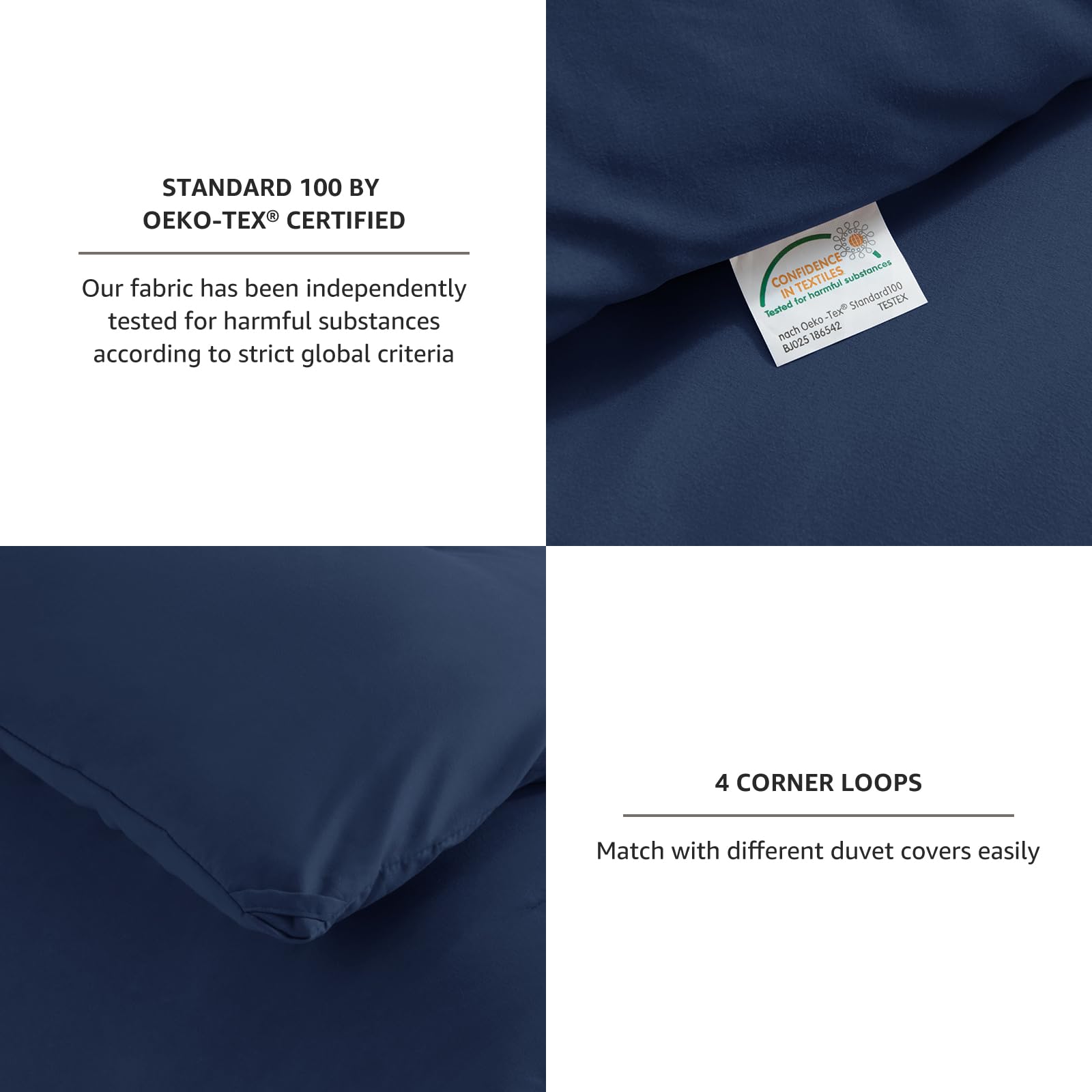Two CozyLux navy blue pillowcases completing the bed setup