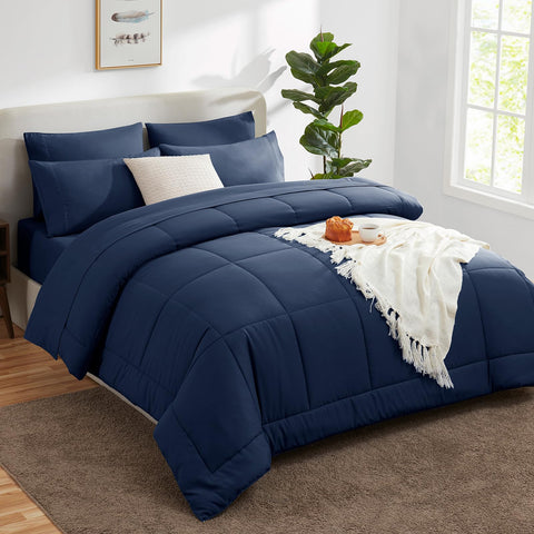 CozyLux queen comforter navy close-up emphasizes soft microfiber texture