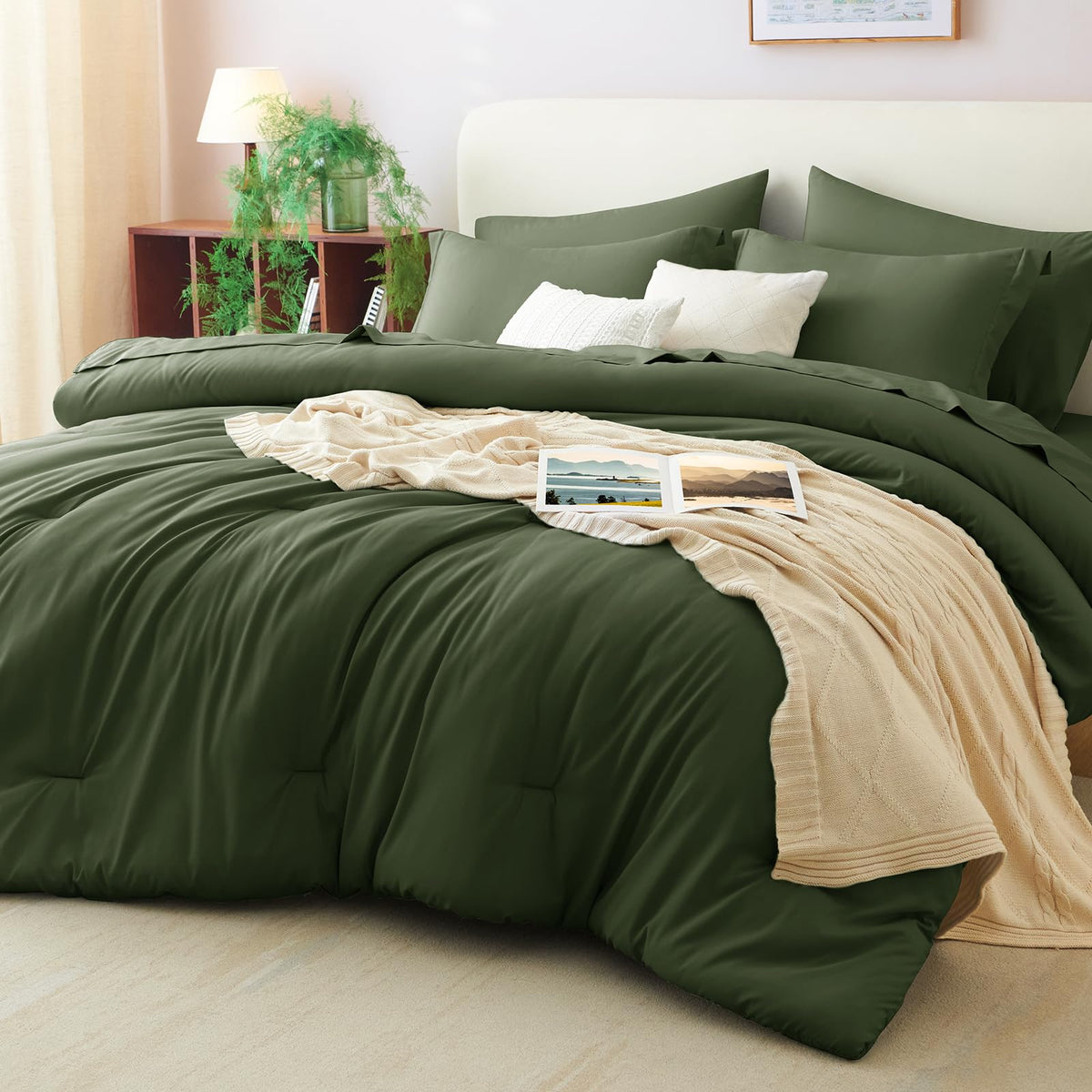 CozyLux queen olive green comforter on bed for a fresh look
