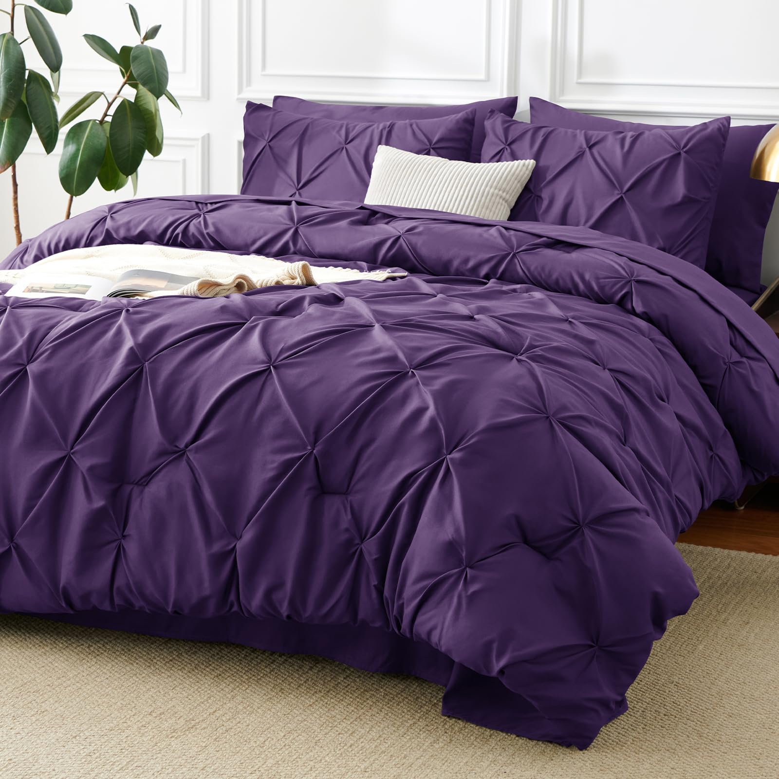CozyLux queen purple pintuck comforter texture for a premium bedroom upgrade