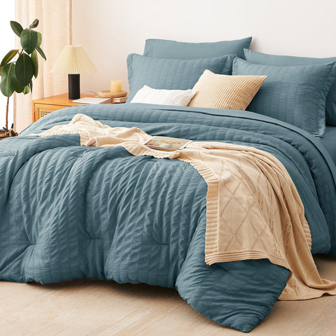 CozyLux queen comforter seersucker mineral blue for year round comfort