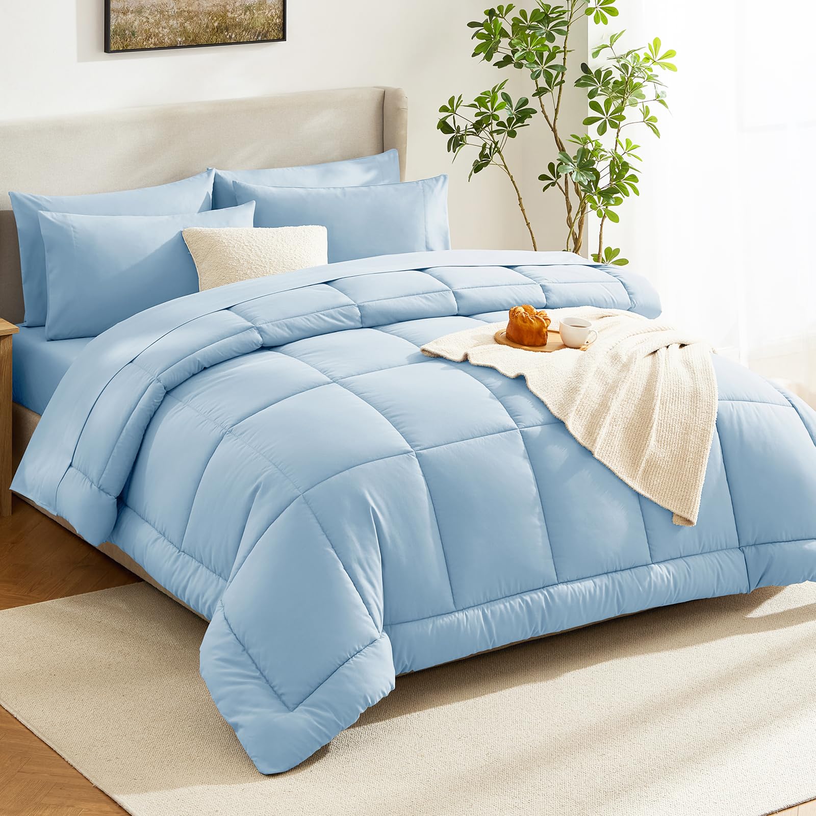 CozyLux bed setup featuring baby blue 7-piece set