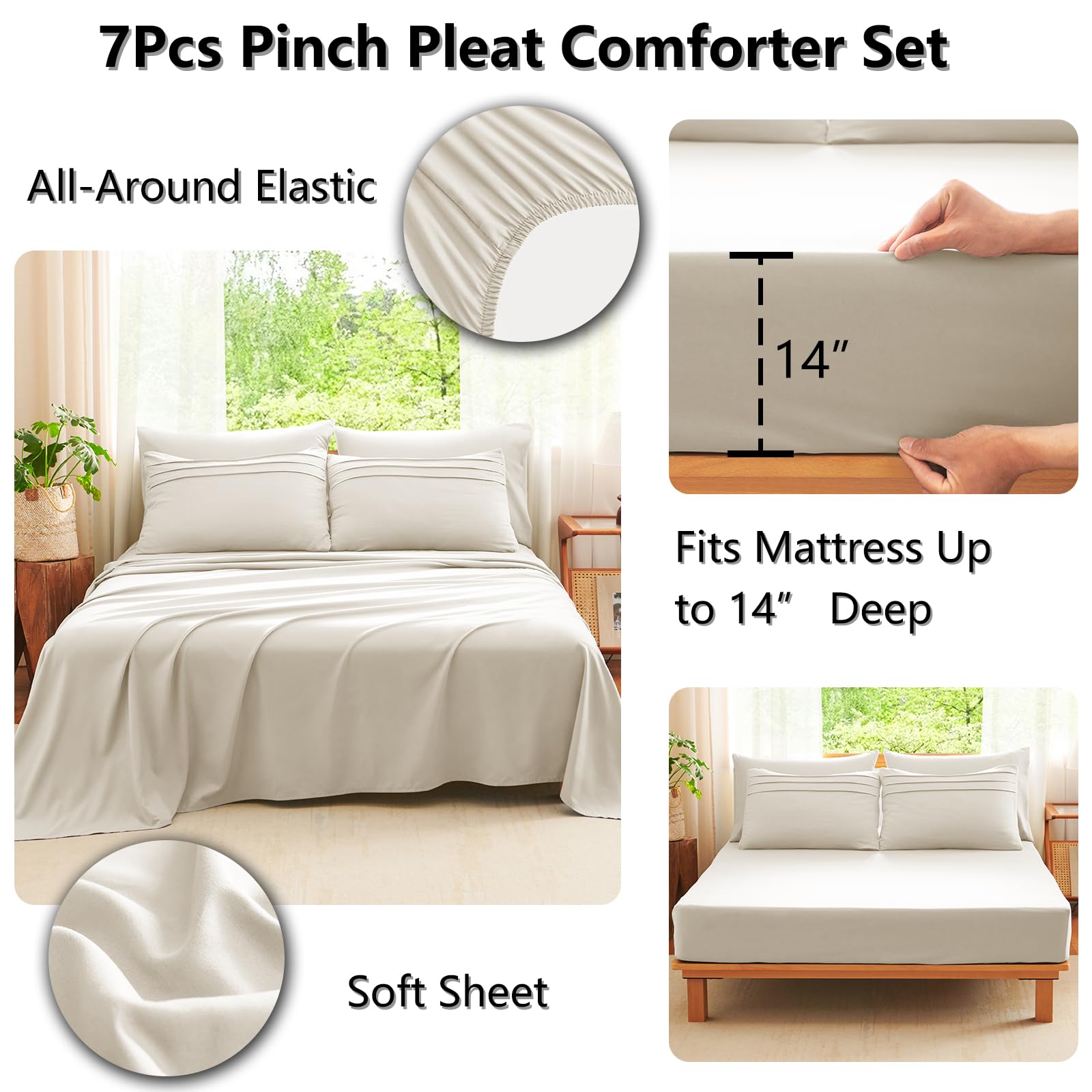 CozyLux queen beige contents show a complete bedding bundle for easy setup.