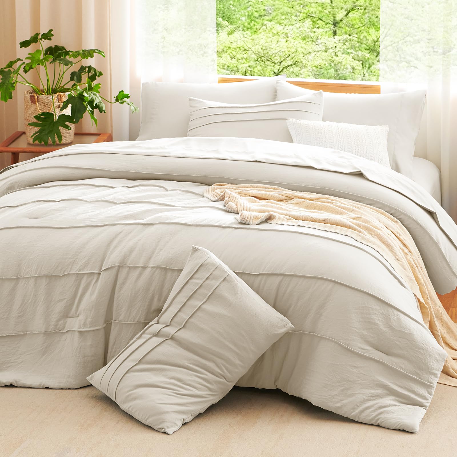 CozyLux queen beige fitted sheet with 14 inch pocket for secure fit.