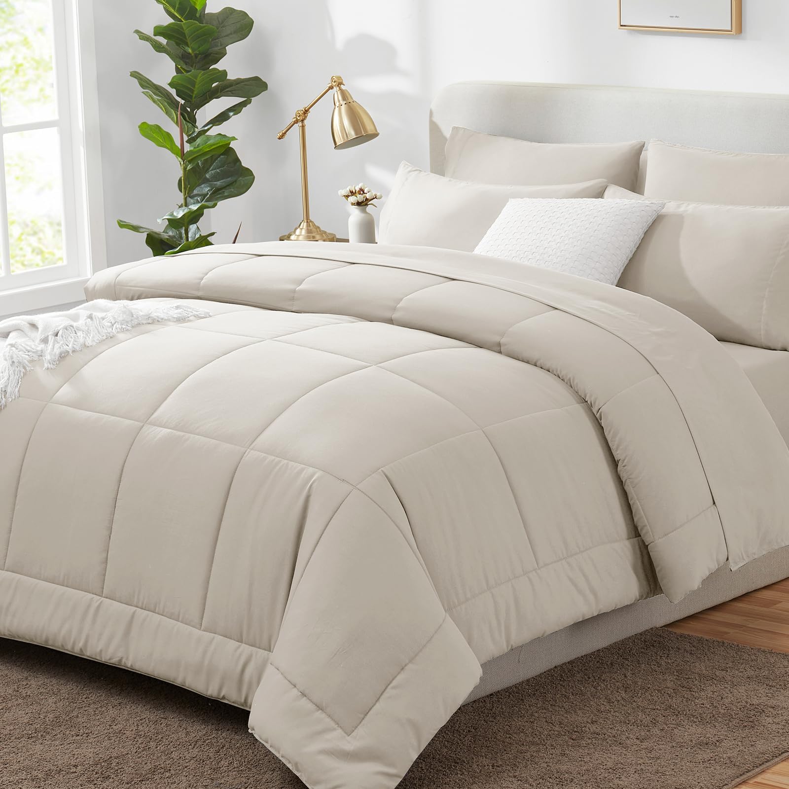 CozyLux queen beige comforter set shown on bed for all-season warmth and style.