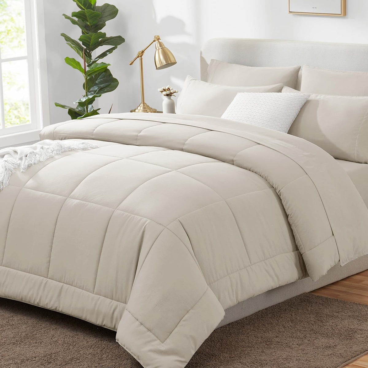 CozyLux queen beige comforter set shown on bed for all-season warmth and style.