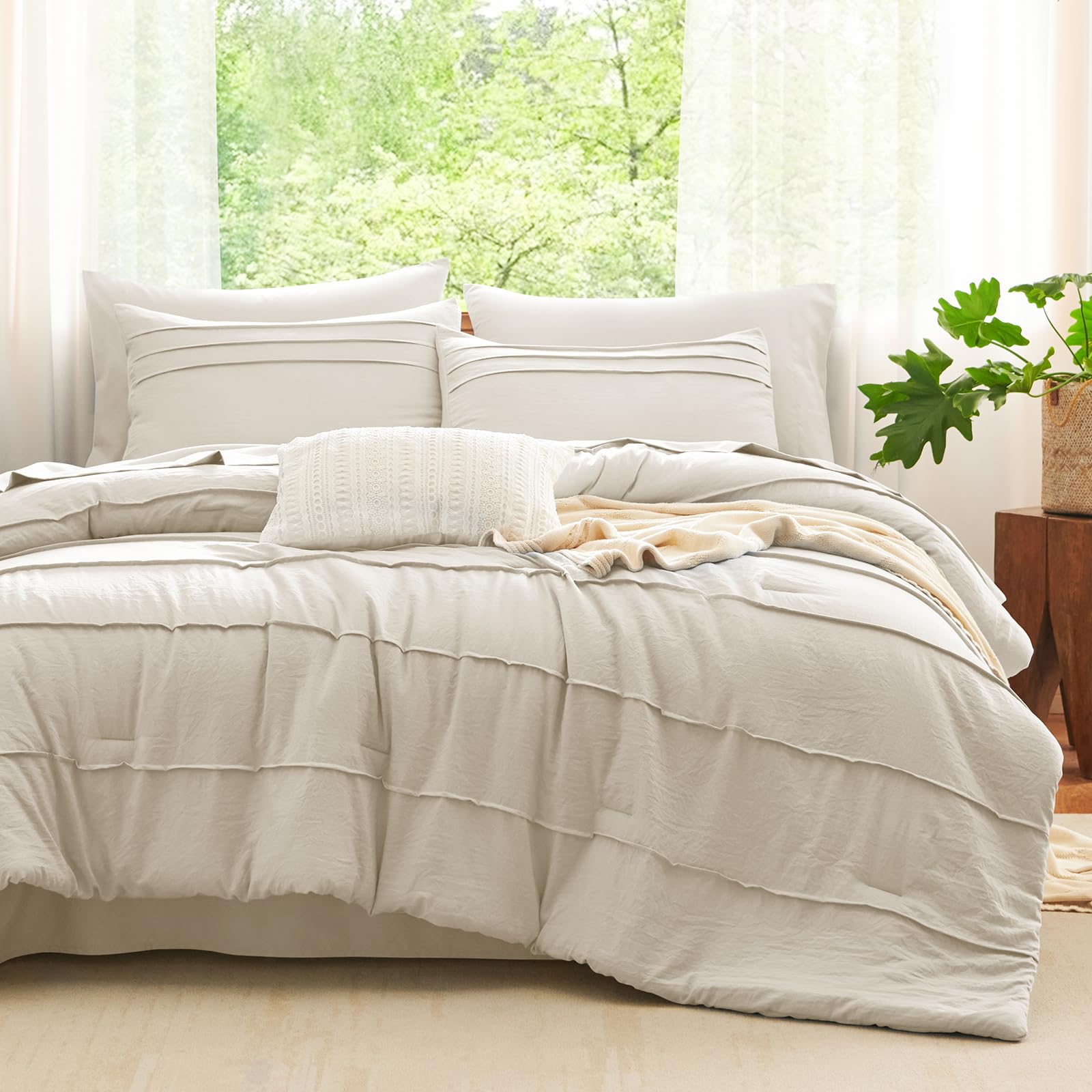 CozyLux queen beige pinch-pleat detail highlights refined texture.
