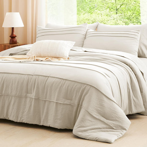 CozyLux queen beige shams complete an elegant bed display.