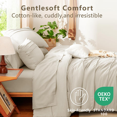 CozyLux queen beige tight stitching keeps fill evenly distributed.