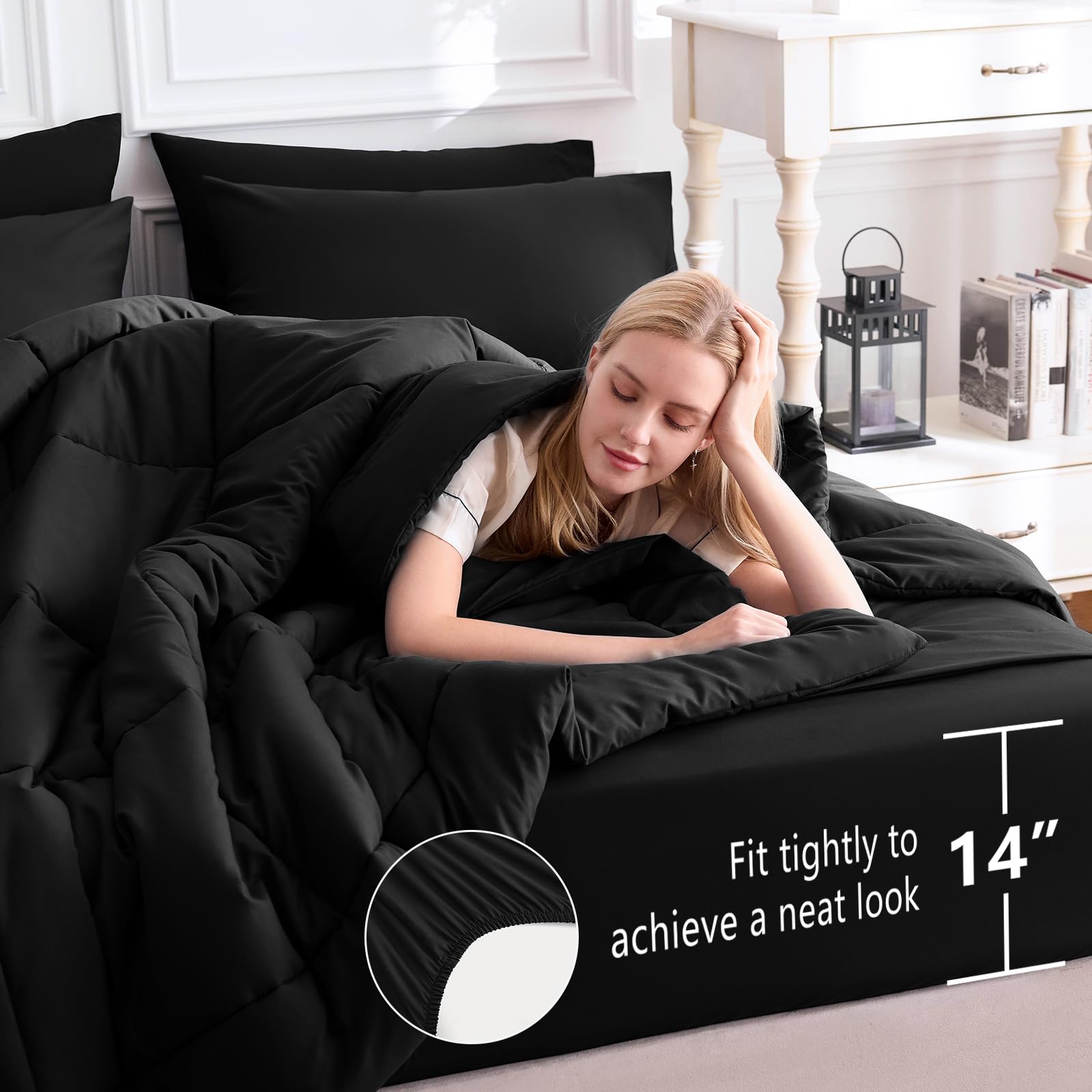 CozyLux queen comforter set black packaging displays box-stitch detail and durability