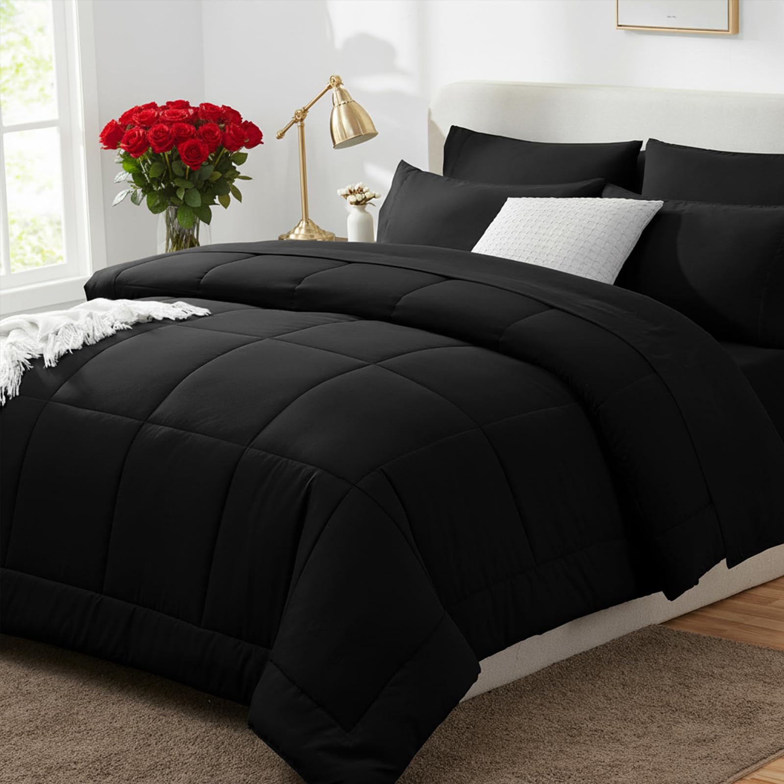 CozyLux queen comforter set black front view showing inviting all-season warmth